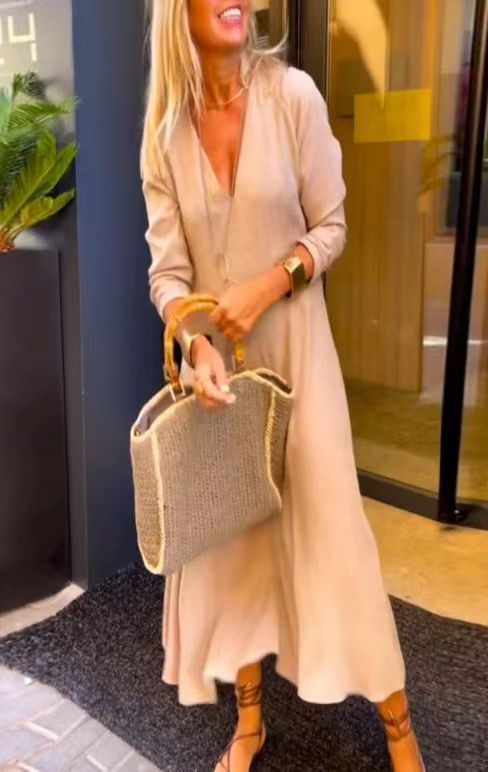 Women's Solid V-Neck Long Sleeve Elegant Dress