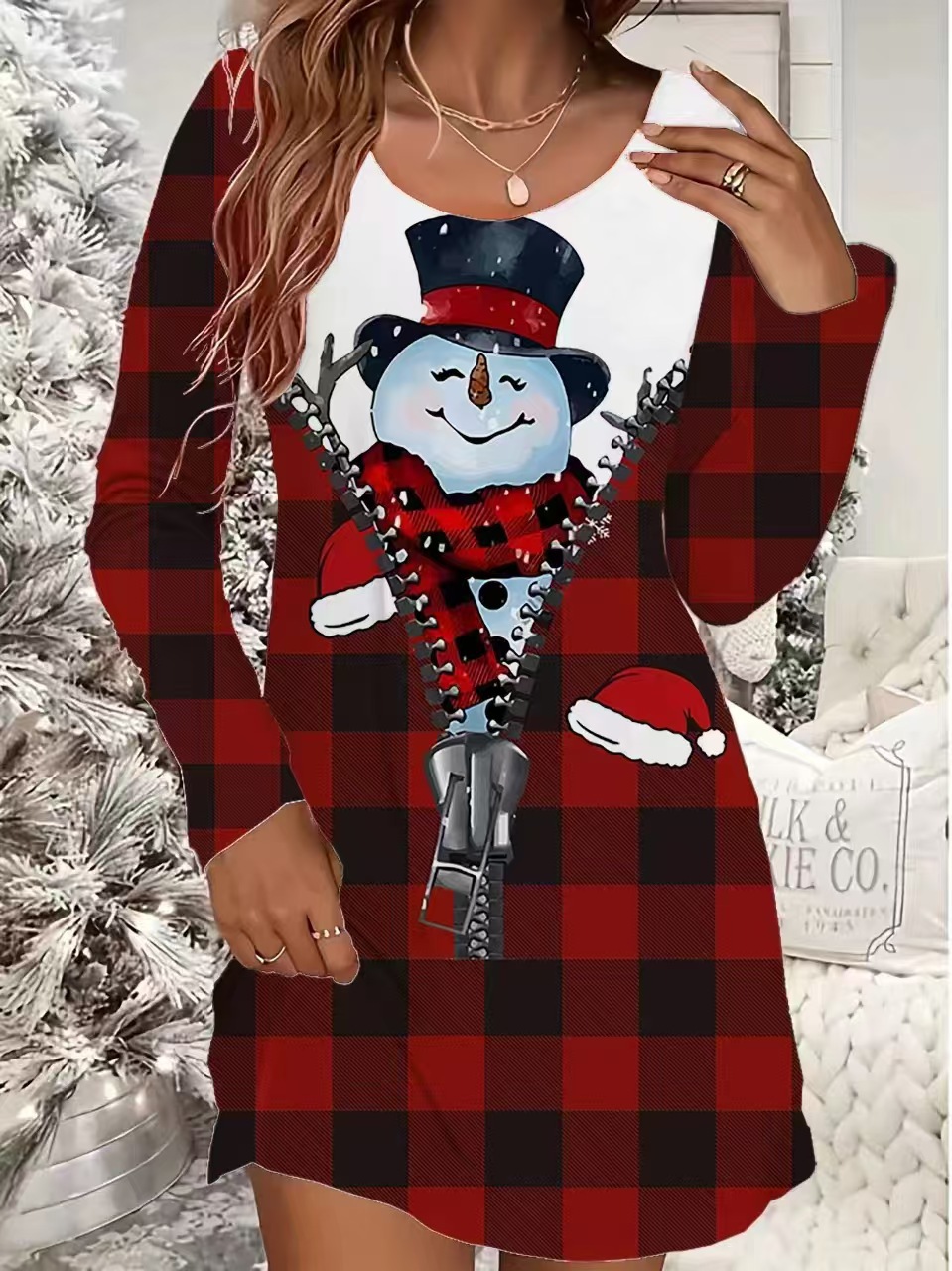Christmas Snowflake & Tree Print Long Sleeve Crew Neck Dress
