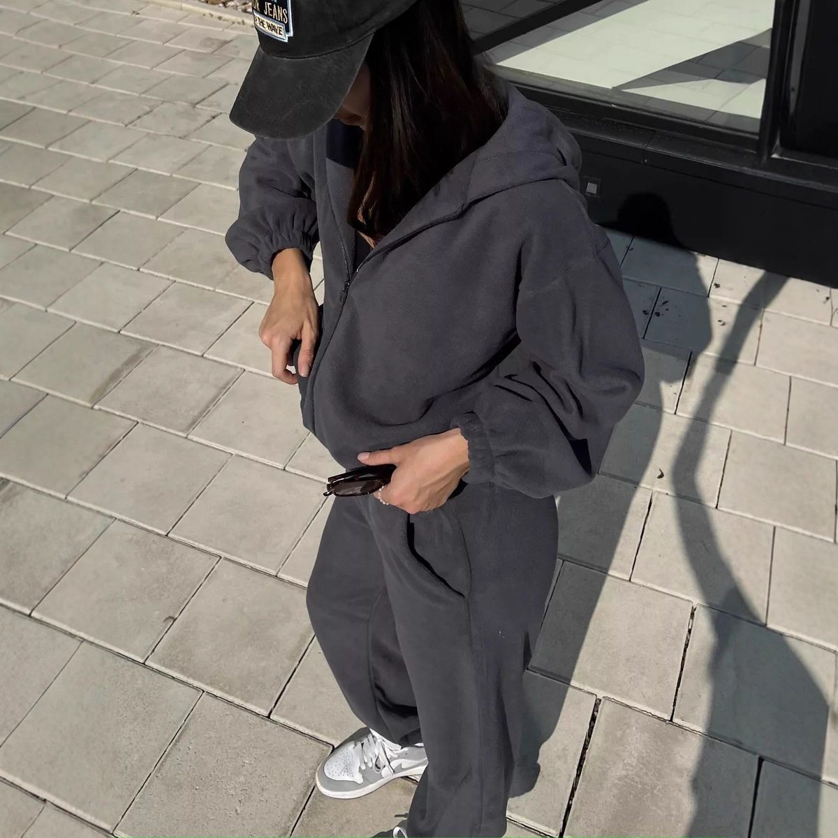 Women's Casual Hooded Zip-Up Tracksuit Set Long Sleeve Solid Color