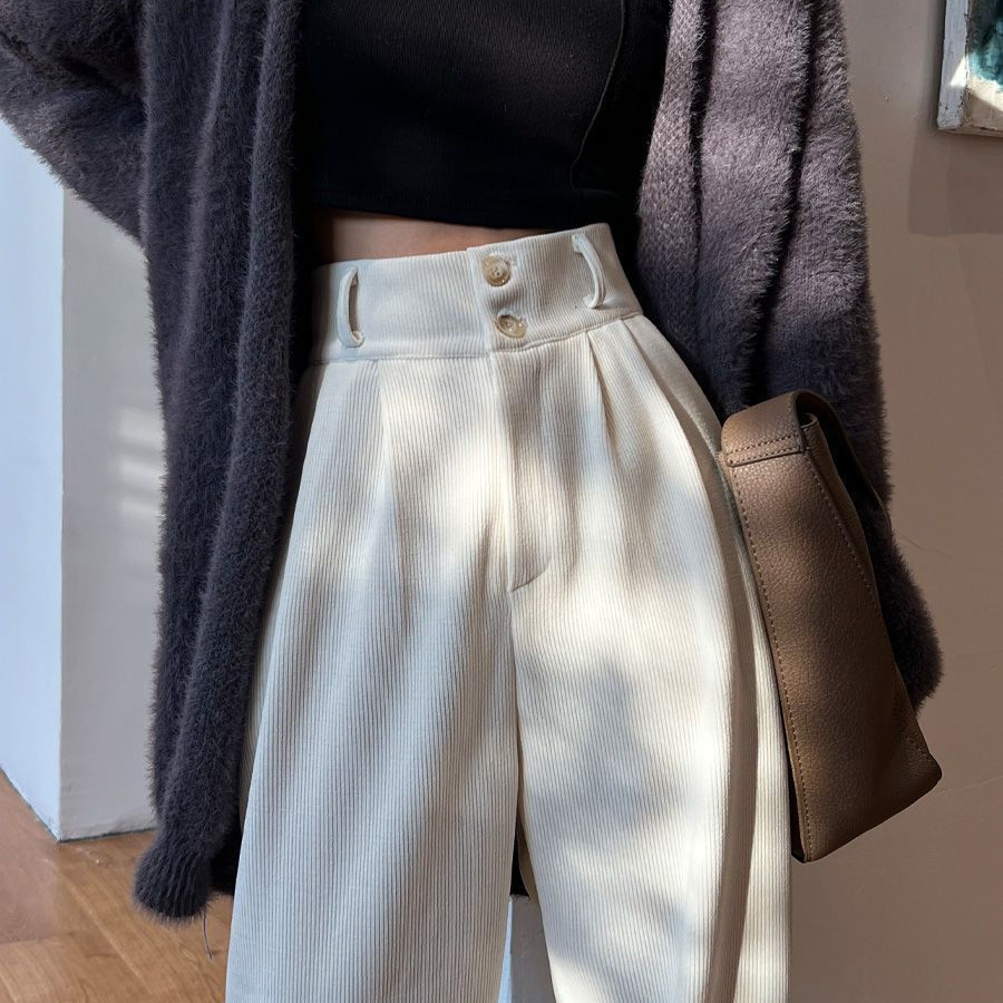 White High-Waist Wide-Leg Fleece-Lined Straight Suit Pants