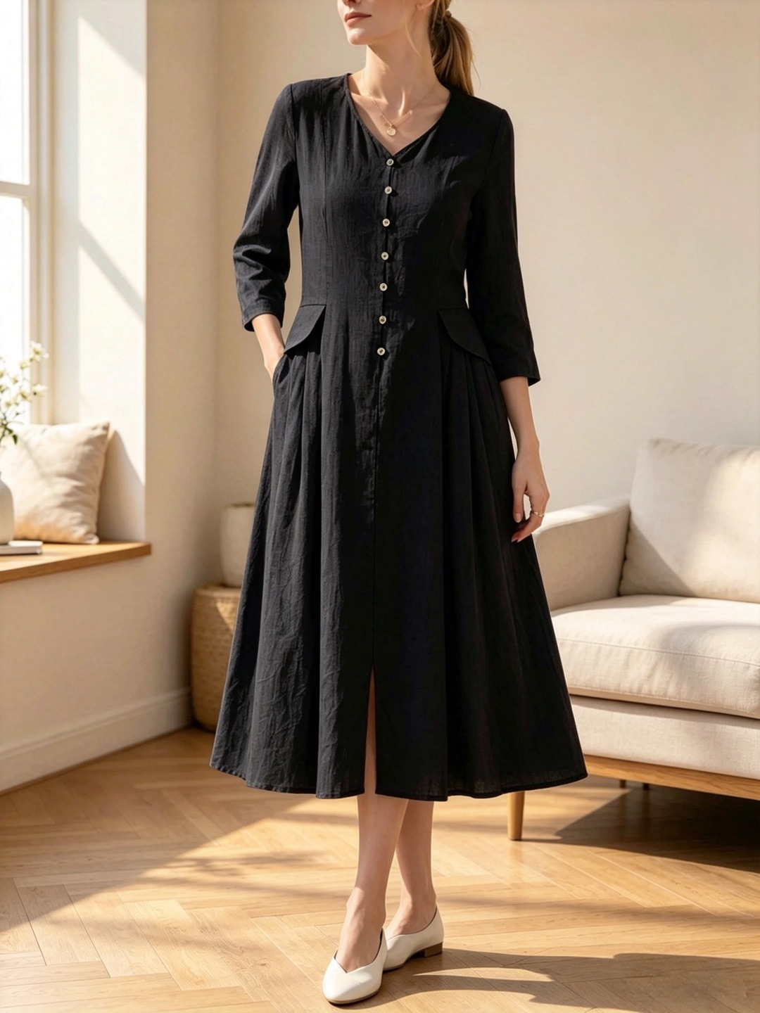 Solid Color High-Waist Loose A-Line Midi Dress with V-Neck and 3/4 Sleeves