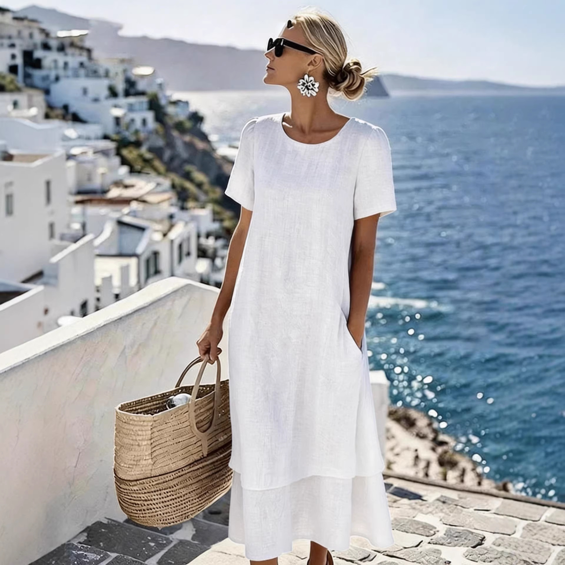 Women's Double-Layer Crew Neck Short Sleeve Midi Dress