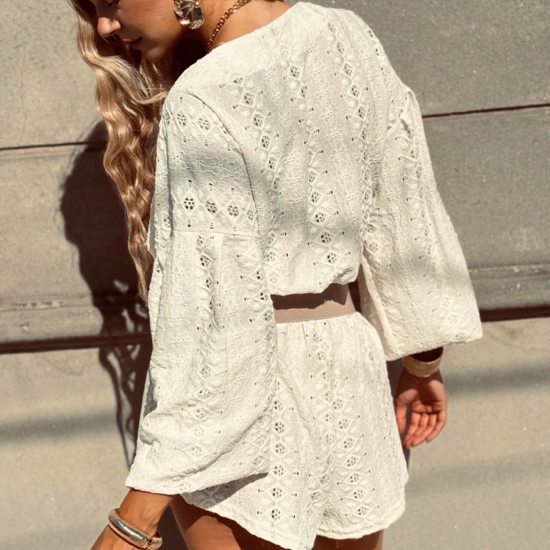 Women's Jacquard Long Sleeve Shirt and Shorts Set Casual Beach Vacation Two-Piece