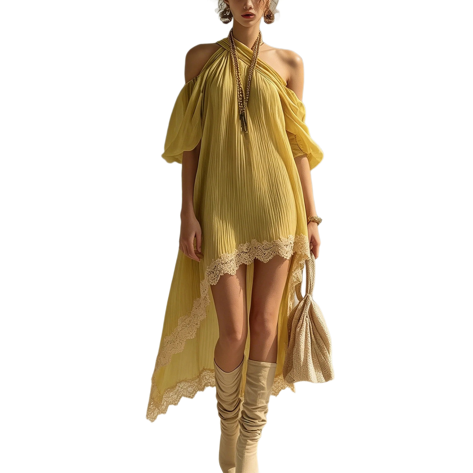 Yellow Halter Neck Ruched Asymmetric Lace Panel Vacation Midi Dress