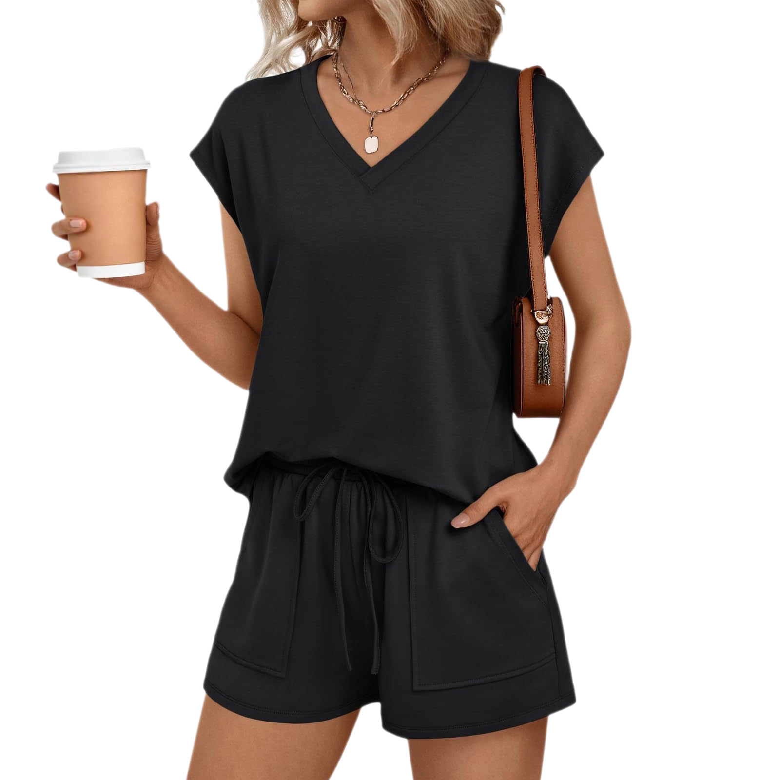 V-Neck Short Sleeve Tee and Shorts Two-Piece Set