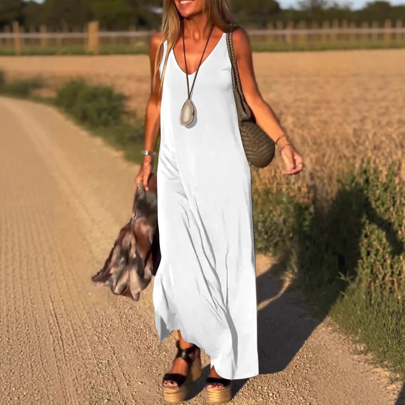 V-Neck Sleeveless Knit Maxi Dress Casual Slim Fit