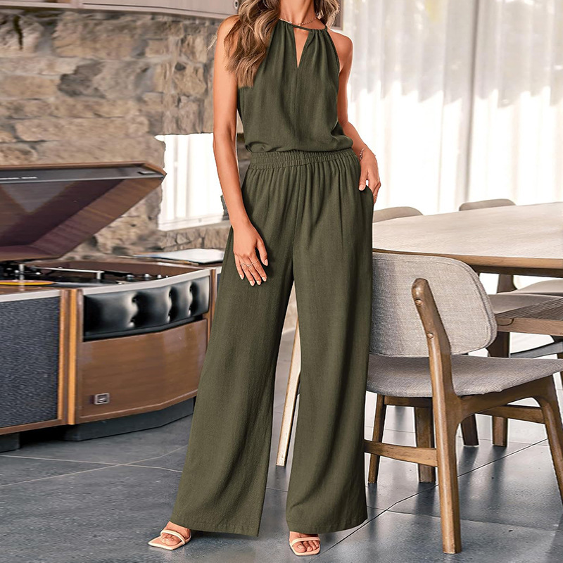 Women's Cutout Halter Top and Wide-Leg Pants Two-Piece Set
