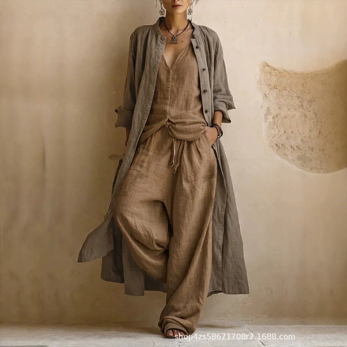 Women's Summer Solid Color Wide-Leg Pants 3-Piece Set