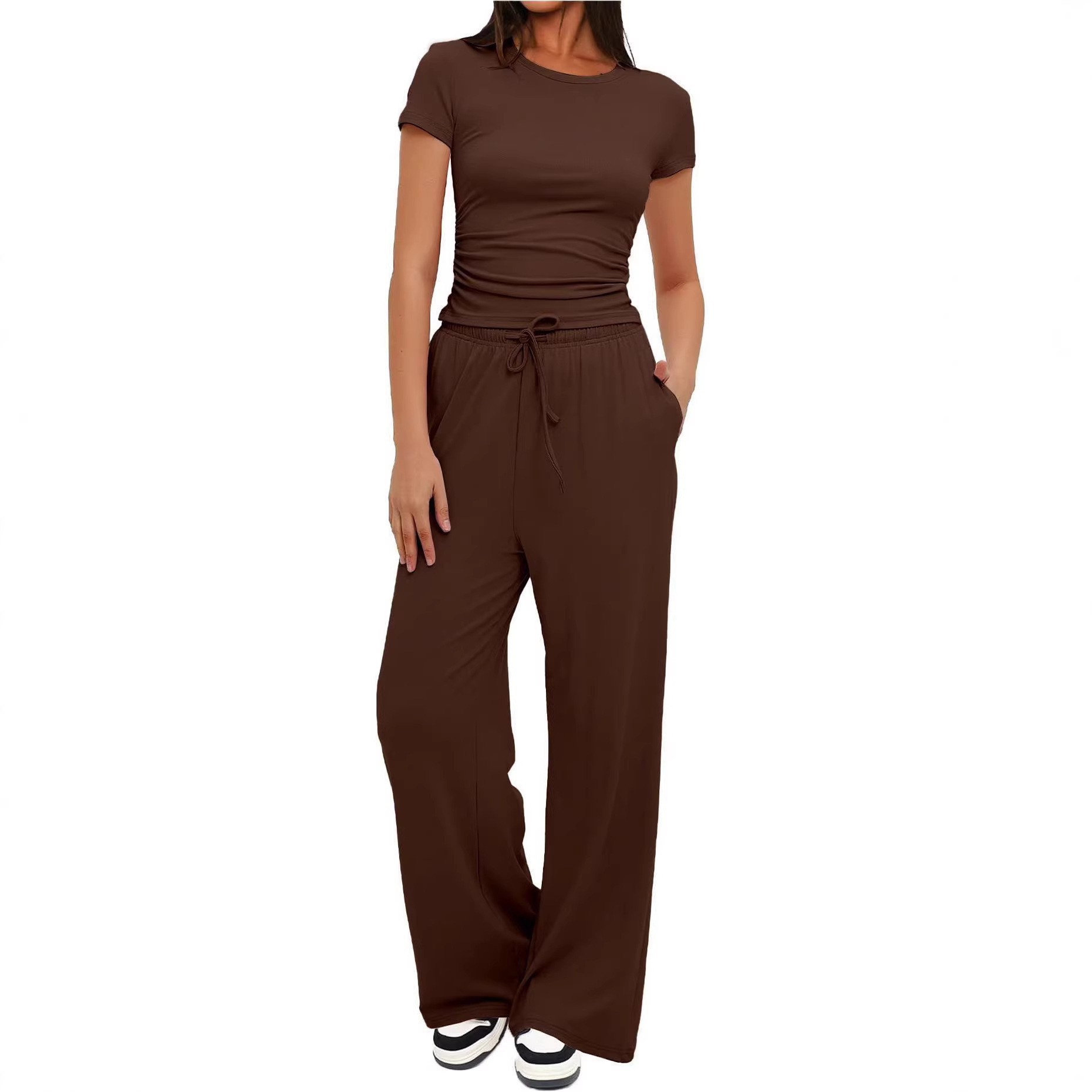 Women's Wide-Leg Two-Piece Set Short Sleeve Casual Commuter Outfit