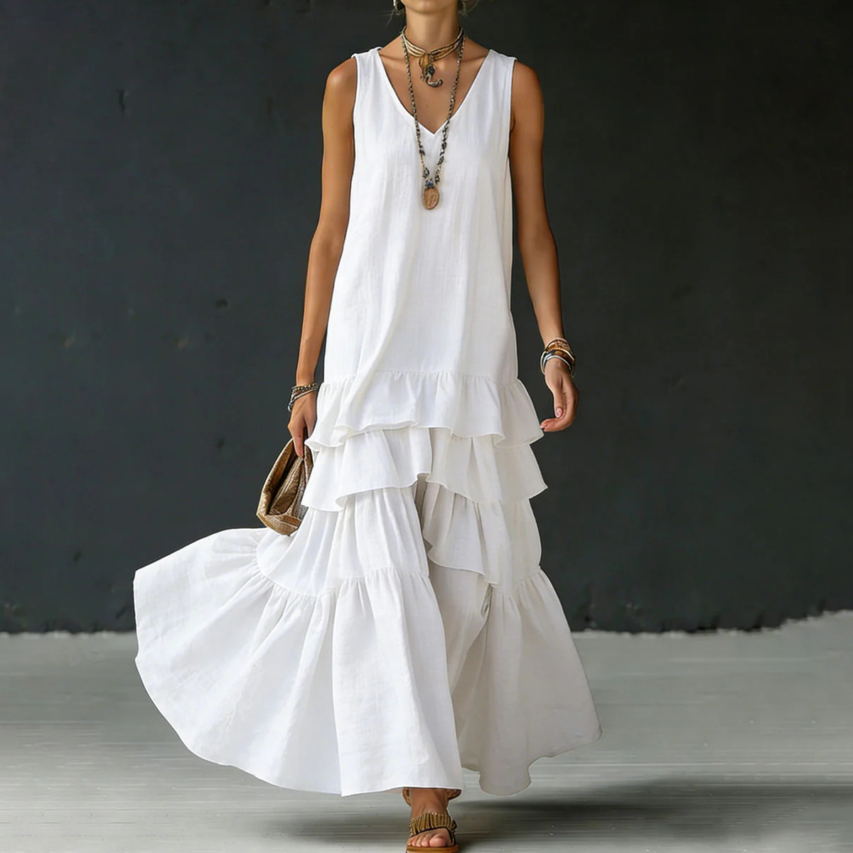 Women's Summer Beach Vacation Dress Solid Color Tiered Maxi Dress