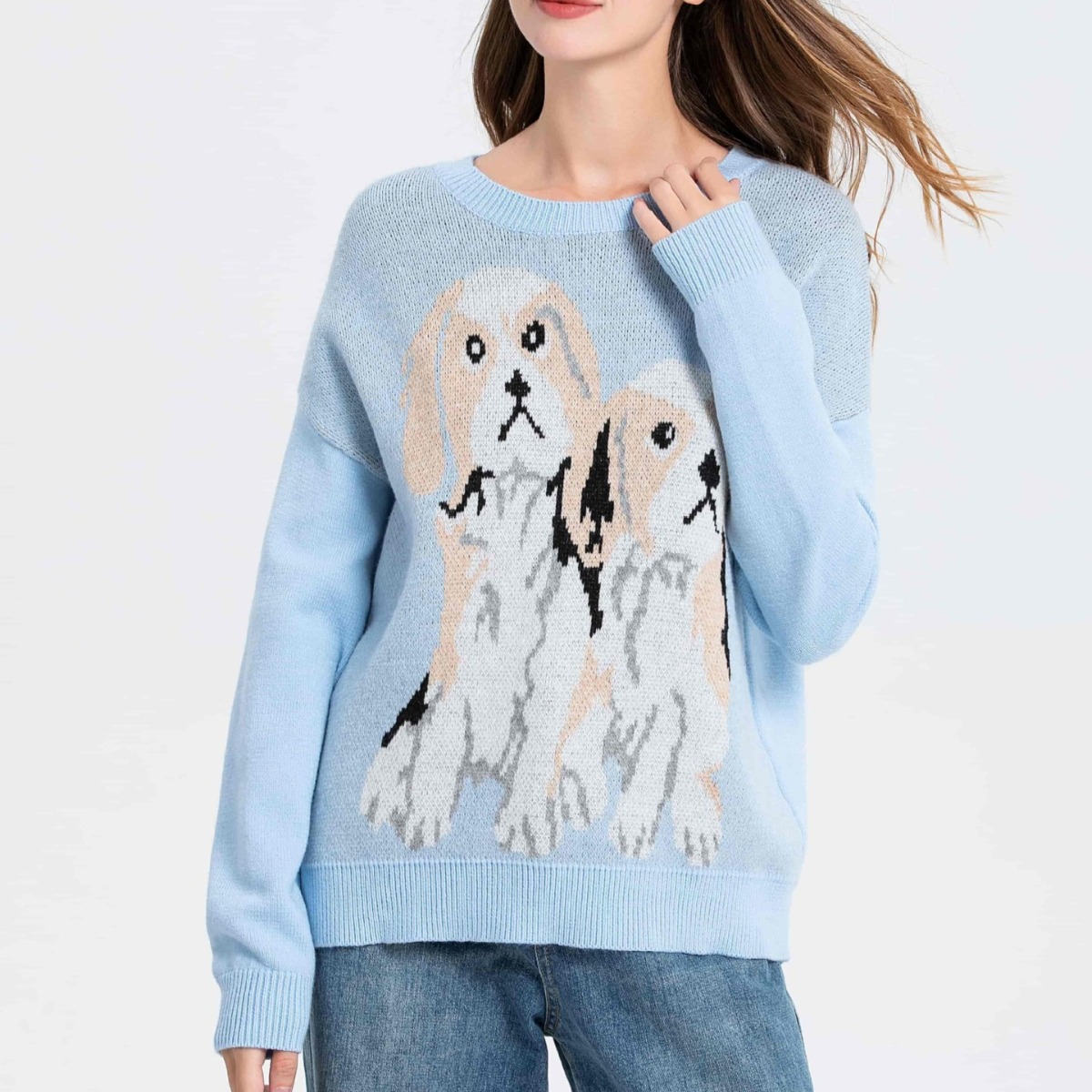 Women's Thick Knit Crewneck Pullover Sweater with Dog Print