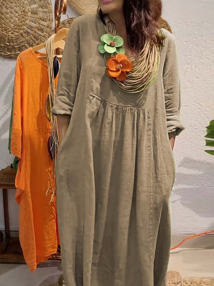 Women's V-Neck Cotton-Linen Casual Dress Solid Color A-Line Midi