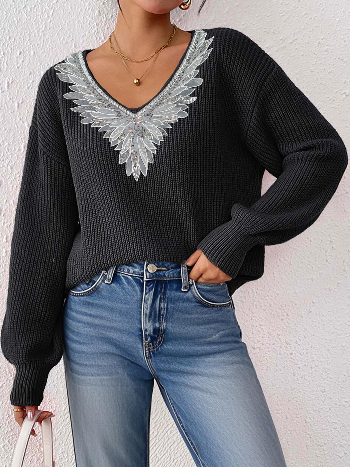 Sequin Bow V-Neck Pullover Sweater Loose Fit Long Sleeve