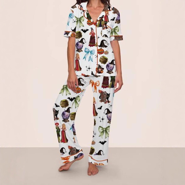 Cuban Collar Short Sleeve Shirt & Pants Pajama Set for Women