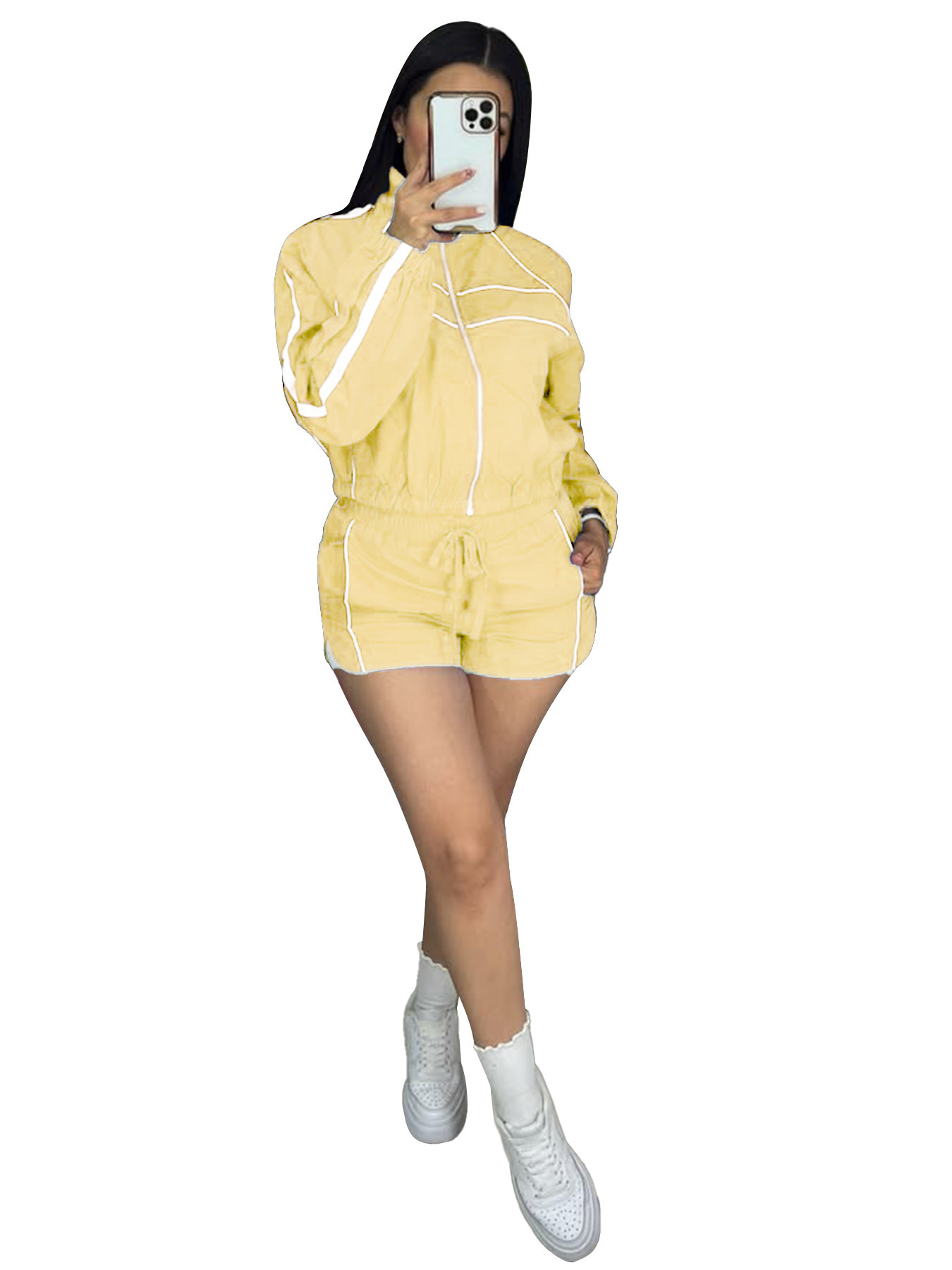 Women's Color-Block Zip Long-Sleeve Hoodie & Shorts Set