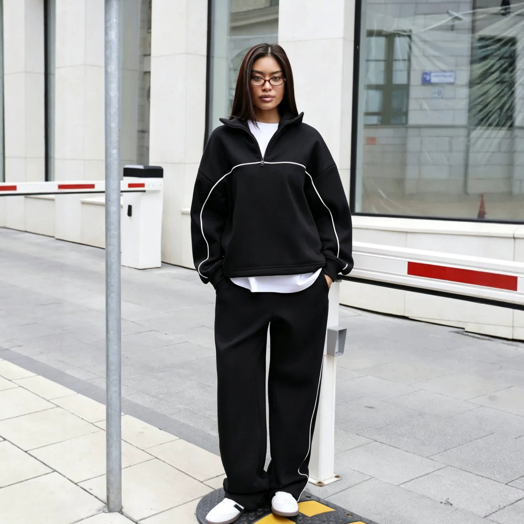 Women's Casual Solid Color Long Sleeve Half-Button Top and Elastic Waist Pants Two-Piece Set