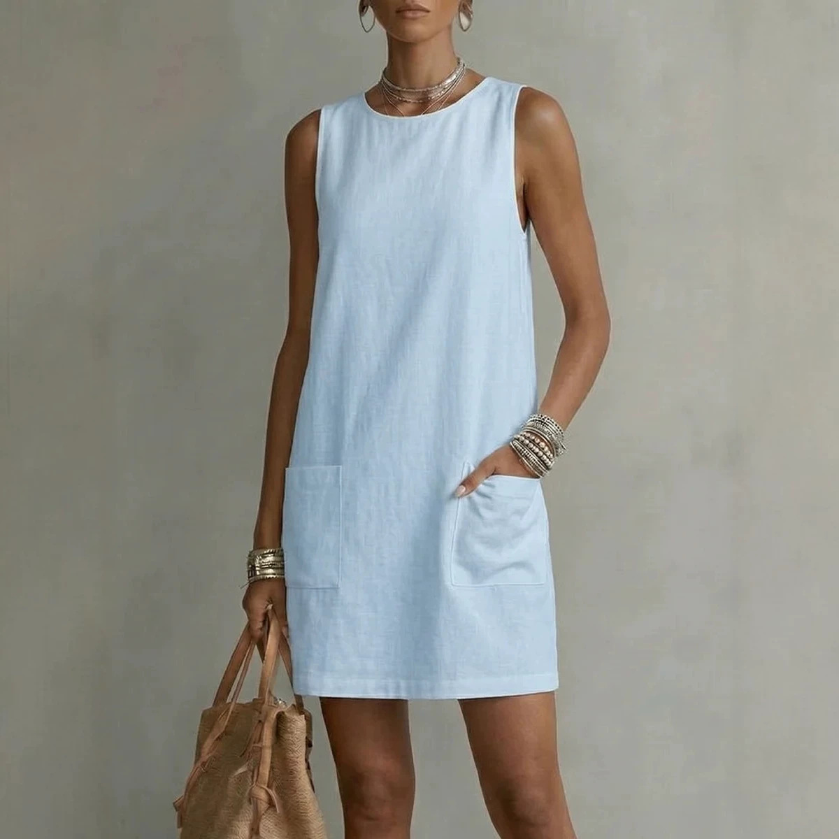 Women's Summer Sleeveless Round Neck Loose Pocket Dress
