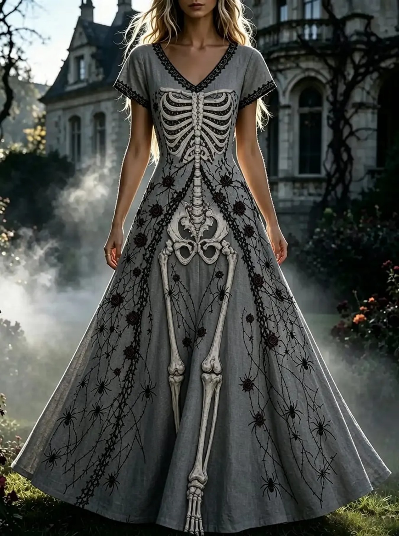 Women's Floral Skeleton Halloween Print Casual Midi Dress