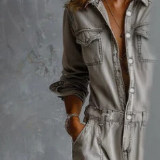 Light Gray Distressed Denim Jumpsuit Casual Long Sleeve
