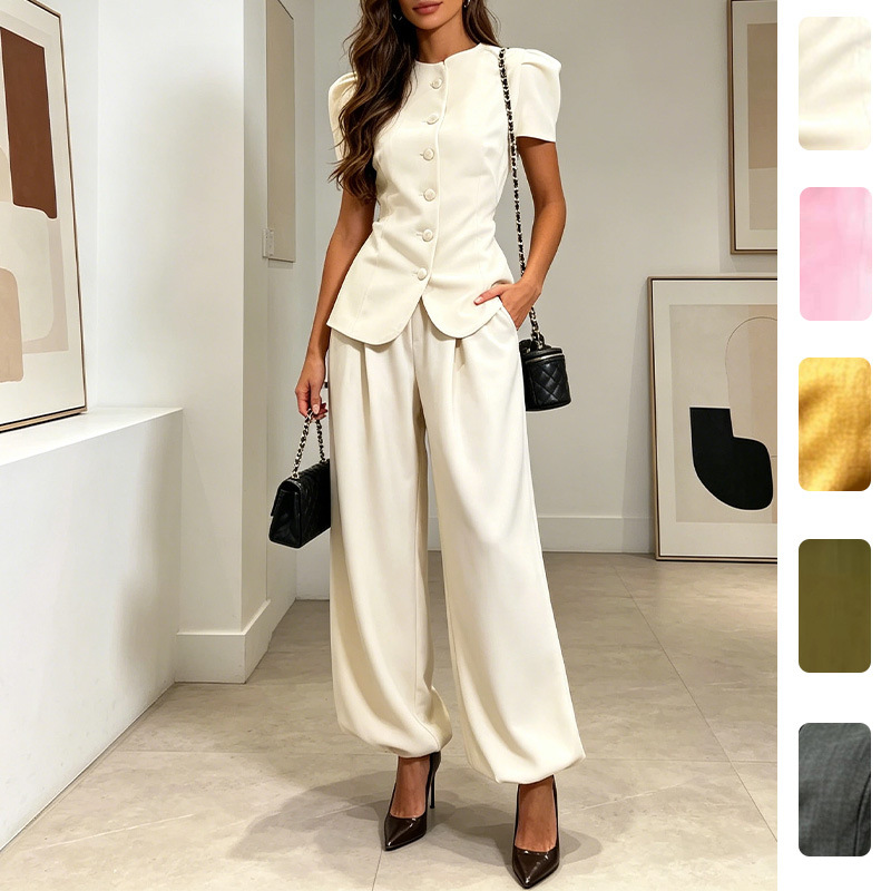 Women's Casual Solid Short Sleeve Top and Pants Two-Piece Set