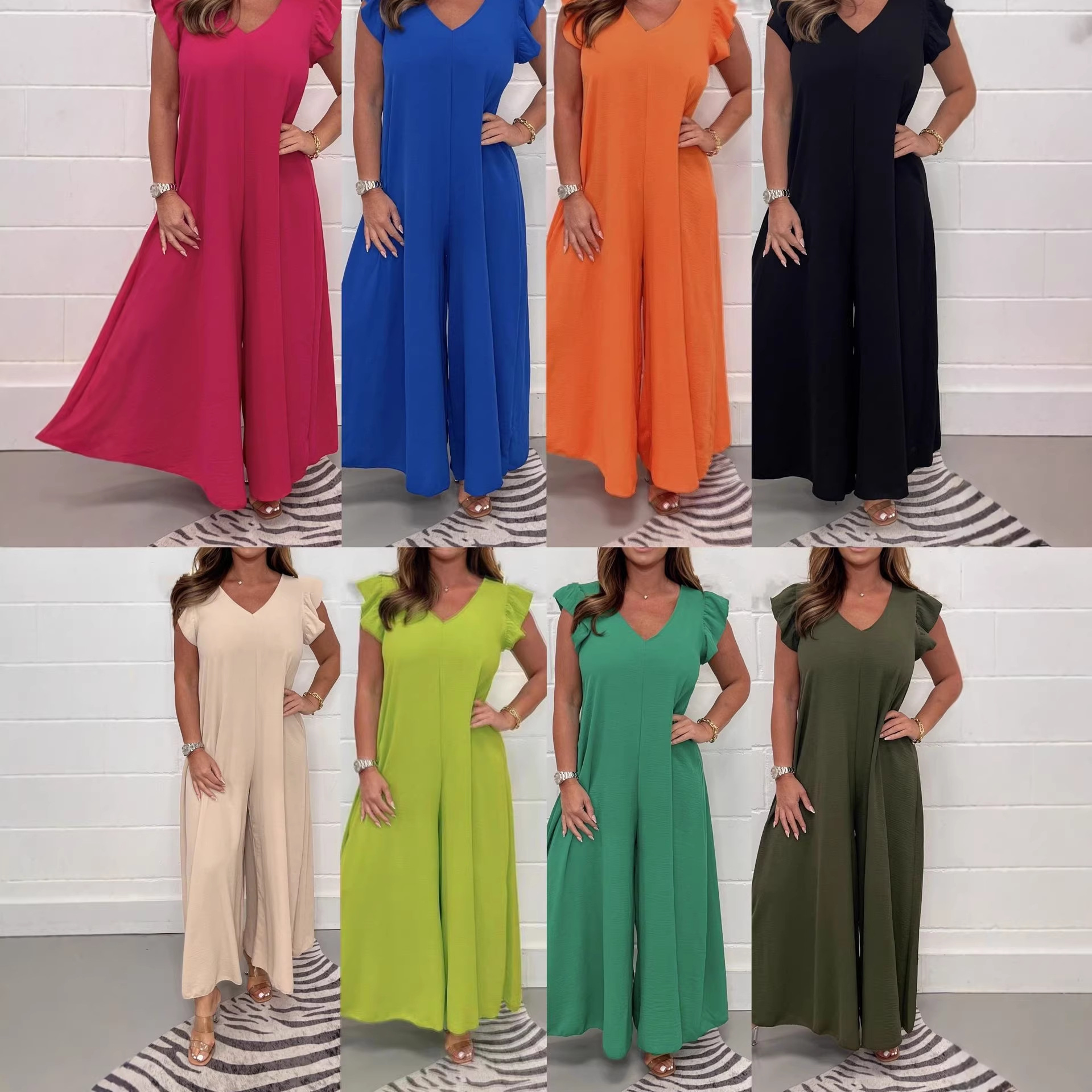 Women's Tie-Waist Ruffle Wide-Leg Jumpsuit Solid Casual