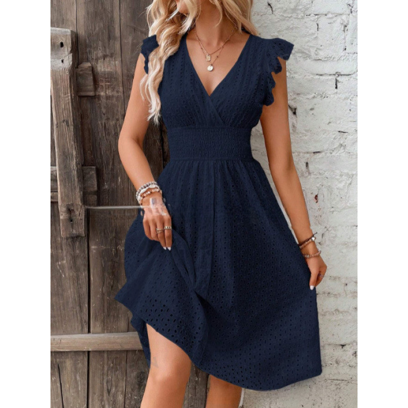 Women's Midi Dress Jacquard Hollow-Out V-Neck Slimming Plus Size Solid Color