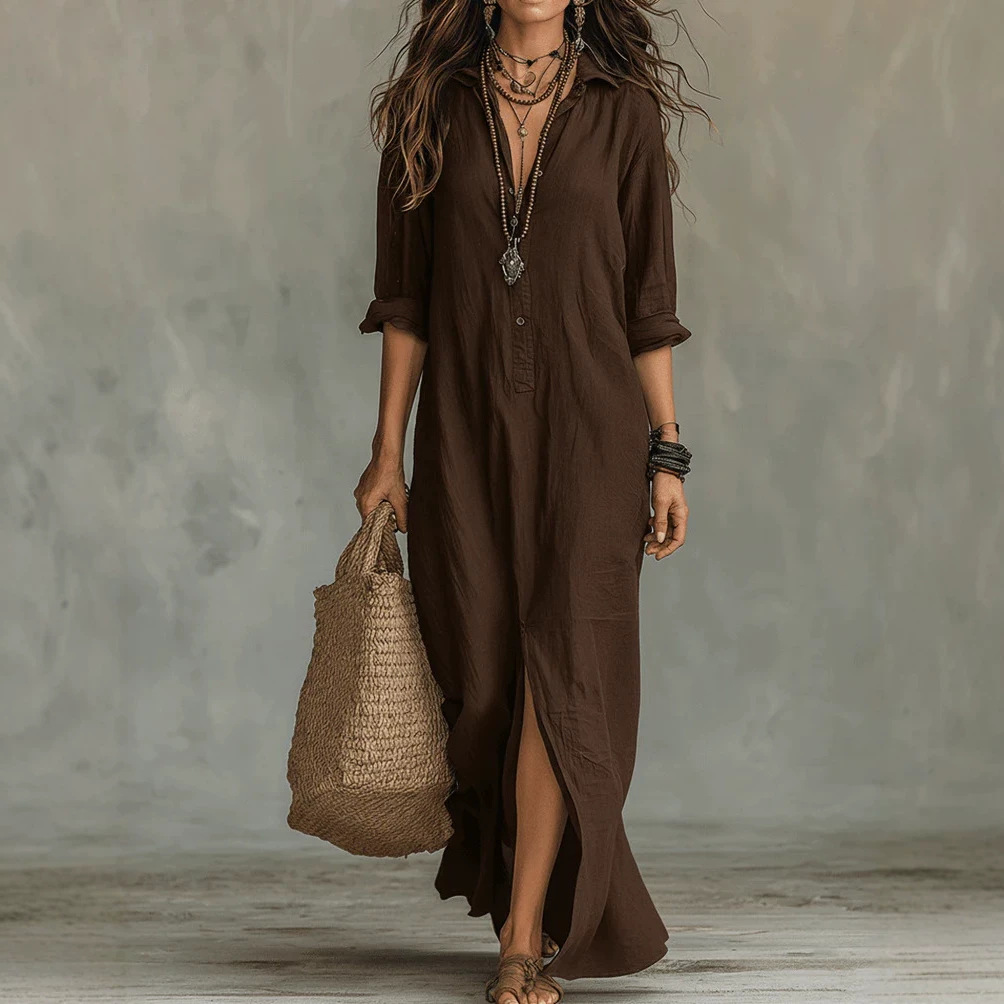 Women's Casual Solid Color Lapel Front Slit Long Dress