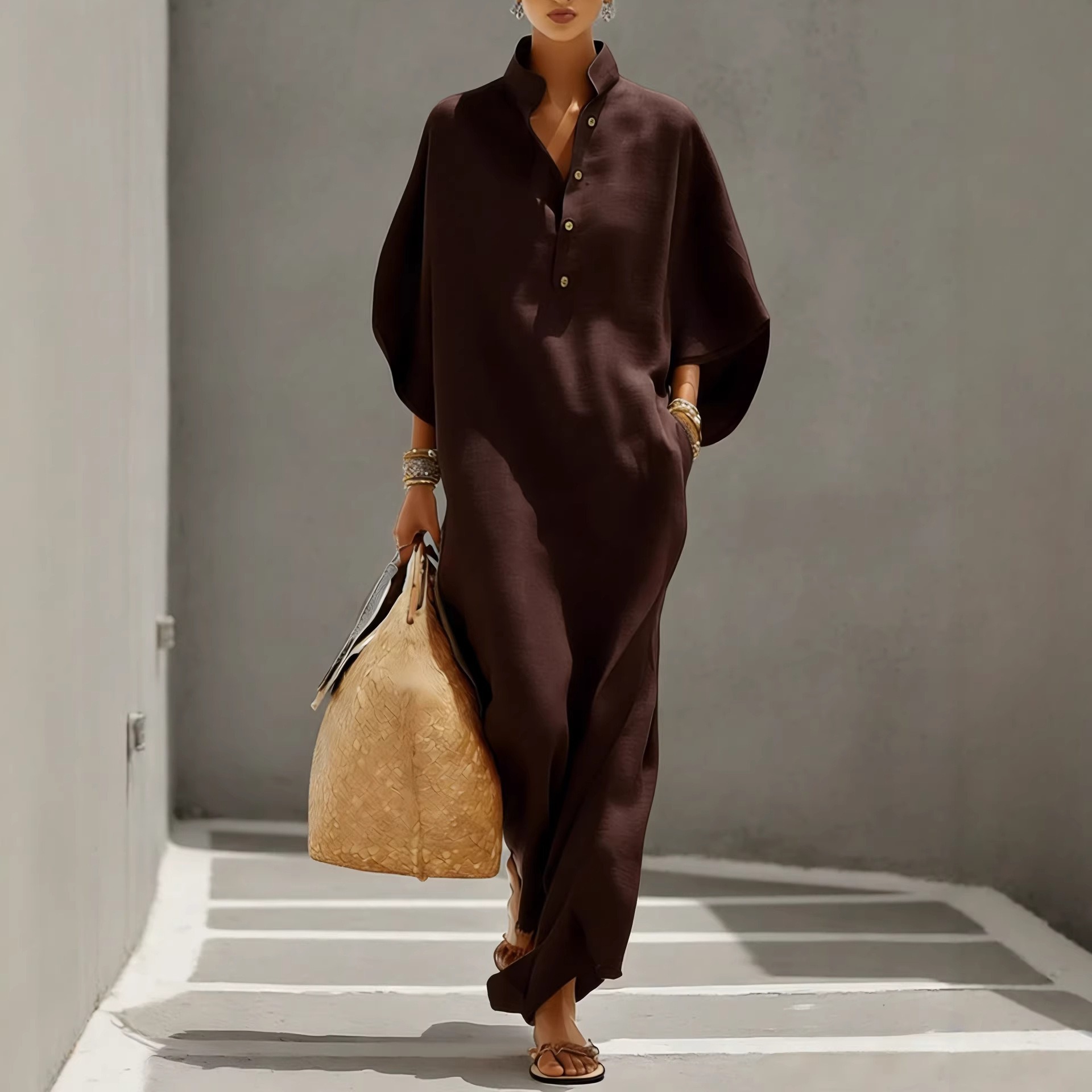 Women's Waist-Cinching Ruffle Button-Front Midi Dress with Stand Collar