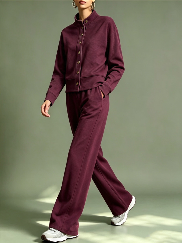 Women's Solid Color Stand Collar Cardigan Hoodie & Wide-Leg Pants Set