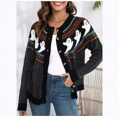 Halloween Ghost Polka Dot Long Sleeve Knit Cardigan Sweater Women Loose