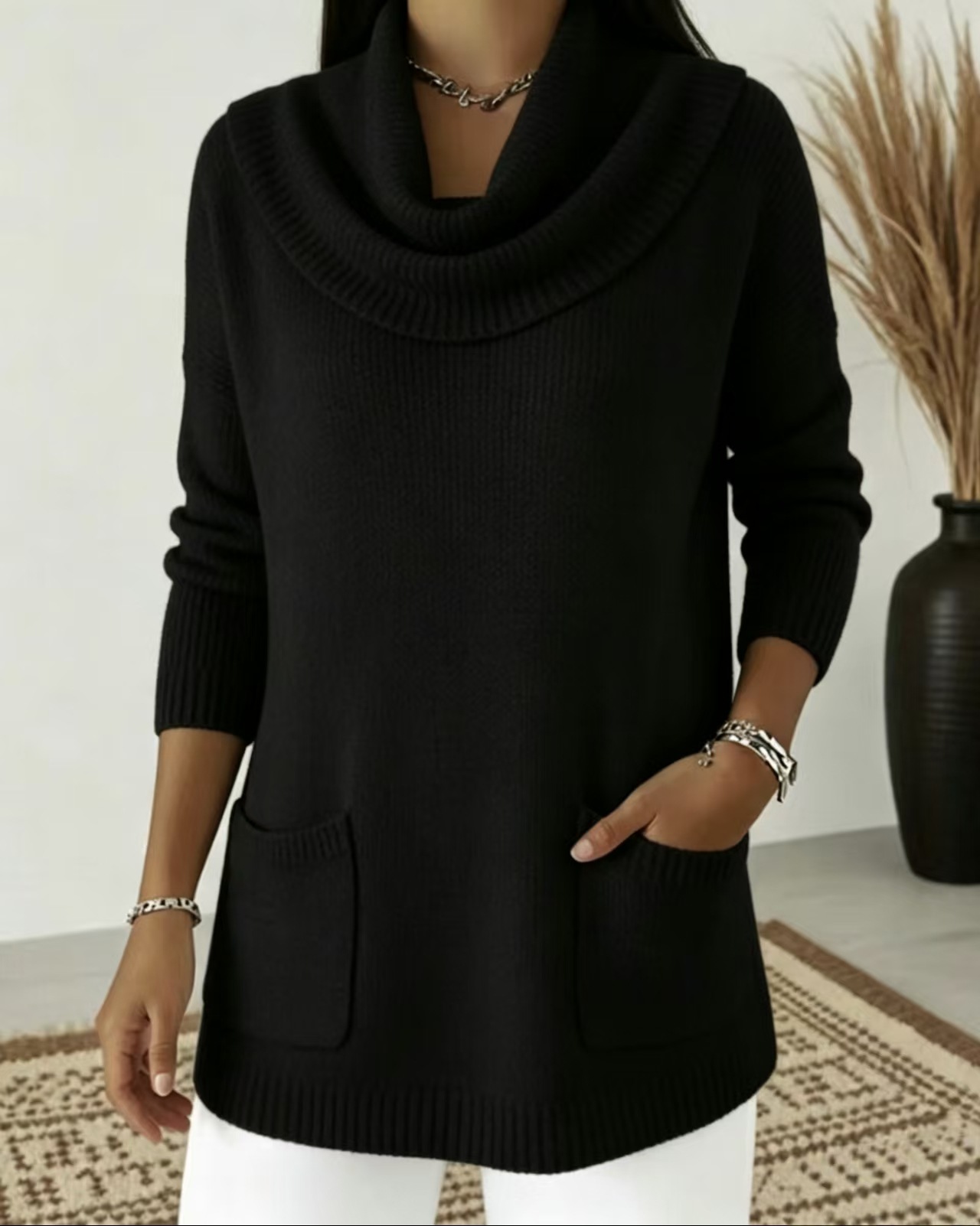 Women's Solid Color Pocket Long Sleeve Sweater