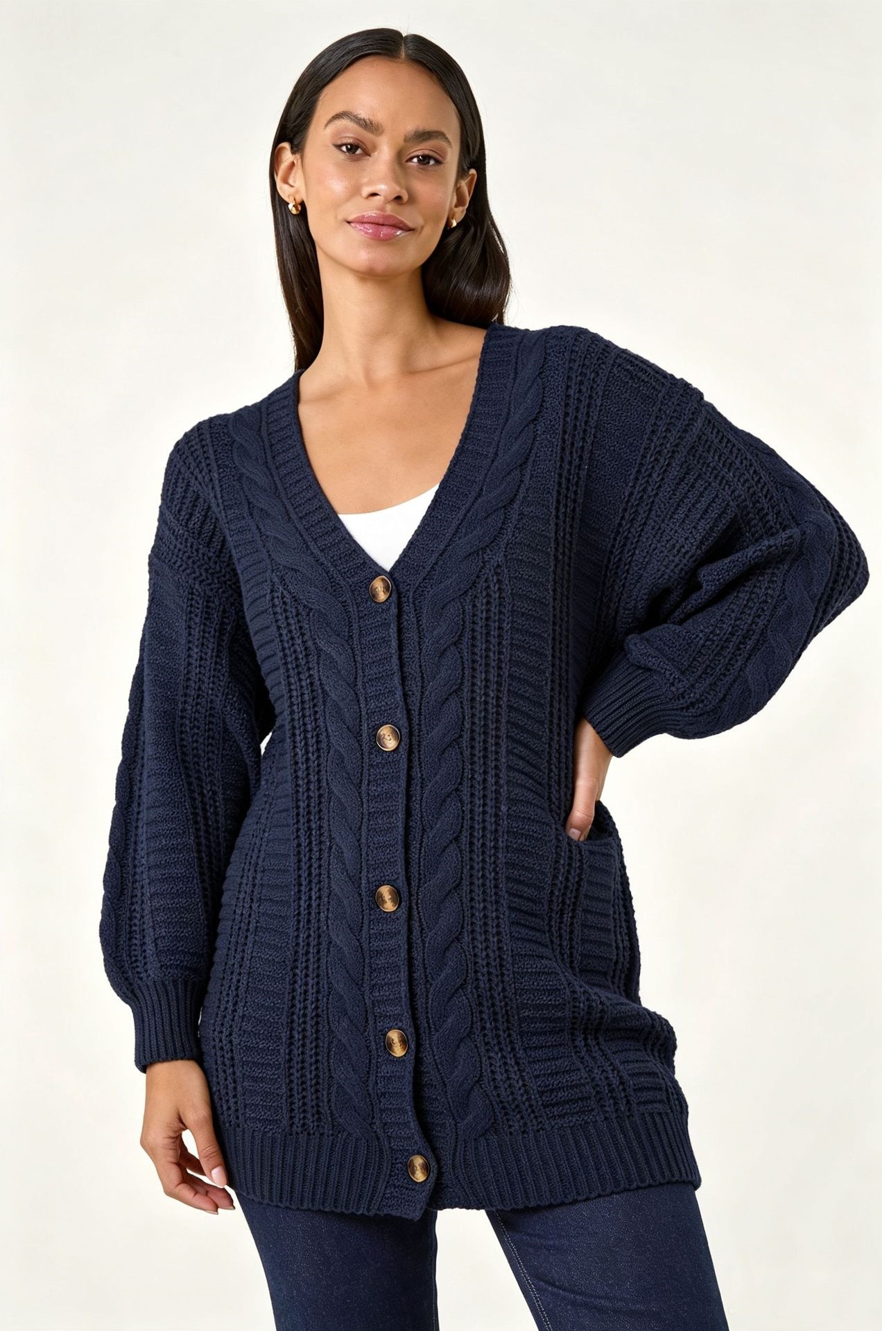 Women's Plus Size Solid Knit Cardigan V-Neck Lantern Sleeve Loose Fit