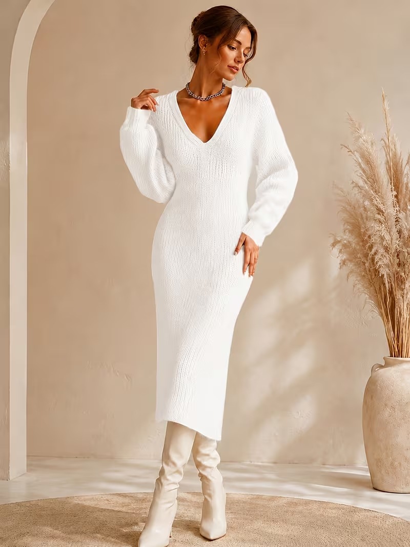 Women's Fuzzy V-Neck Bubble Sleeve Long Dress