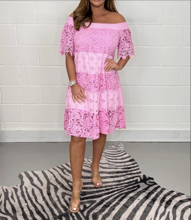 Lace Cutout Off-Shoulder Short-Sleeve Solid Dress