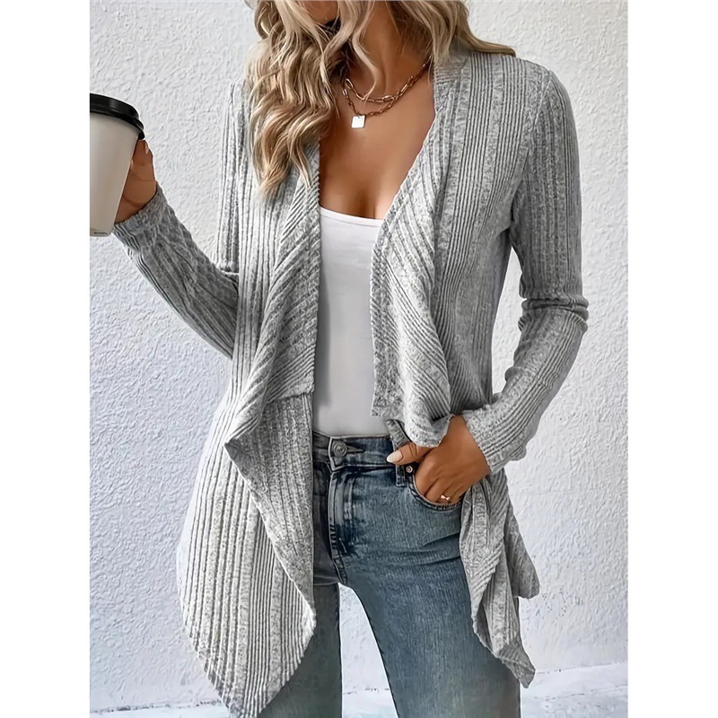 Solid Ribbed Knit Cardigan Long Sleeve V-Neck Loose Fit Casual Sweater Coat