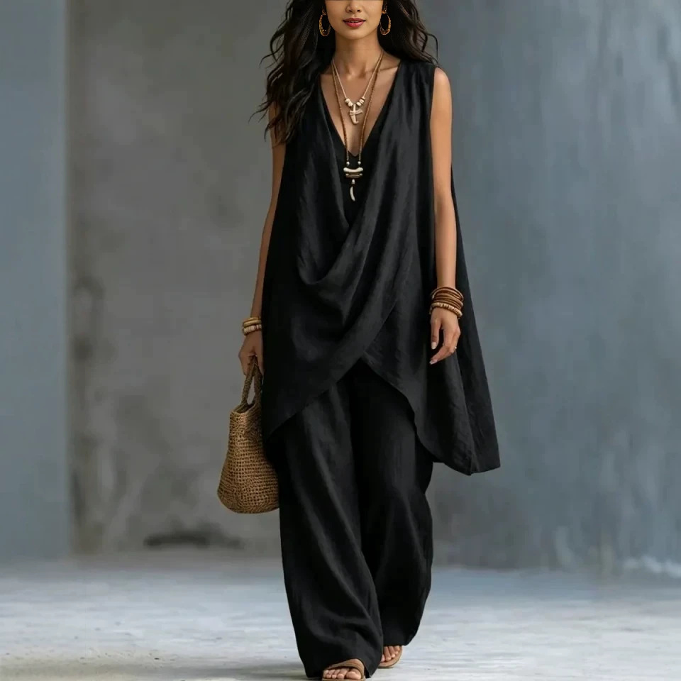 Women's Sleeveless Stand Collar Cotton Linen Two-Piece Set
