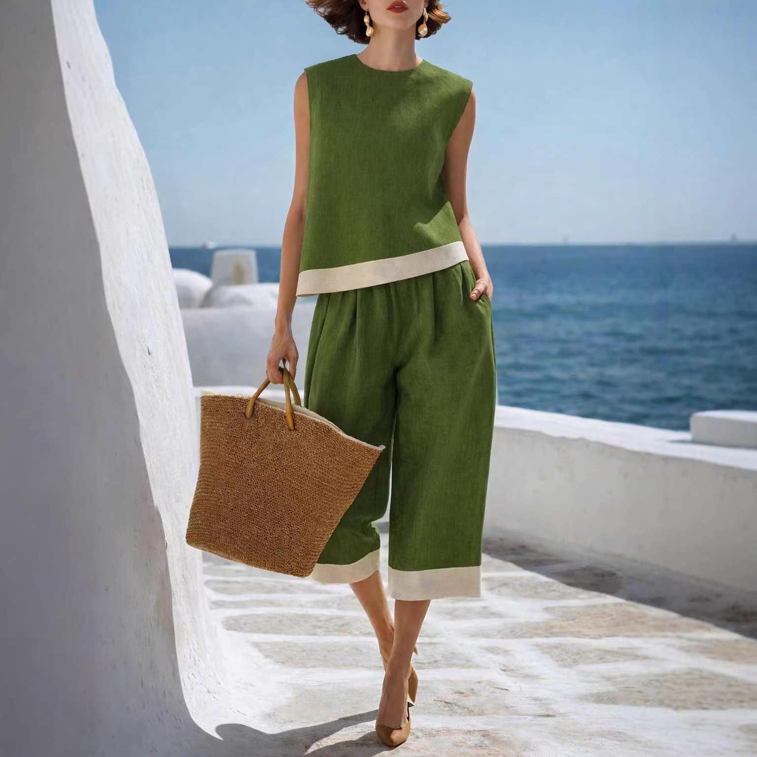 Women's Spring Summer Cotton Linen Blend Sleeveless Top Set Casual