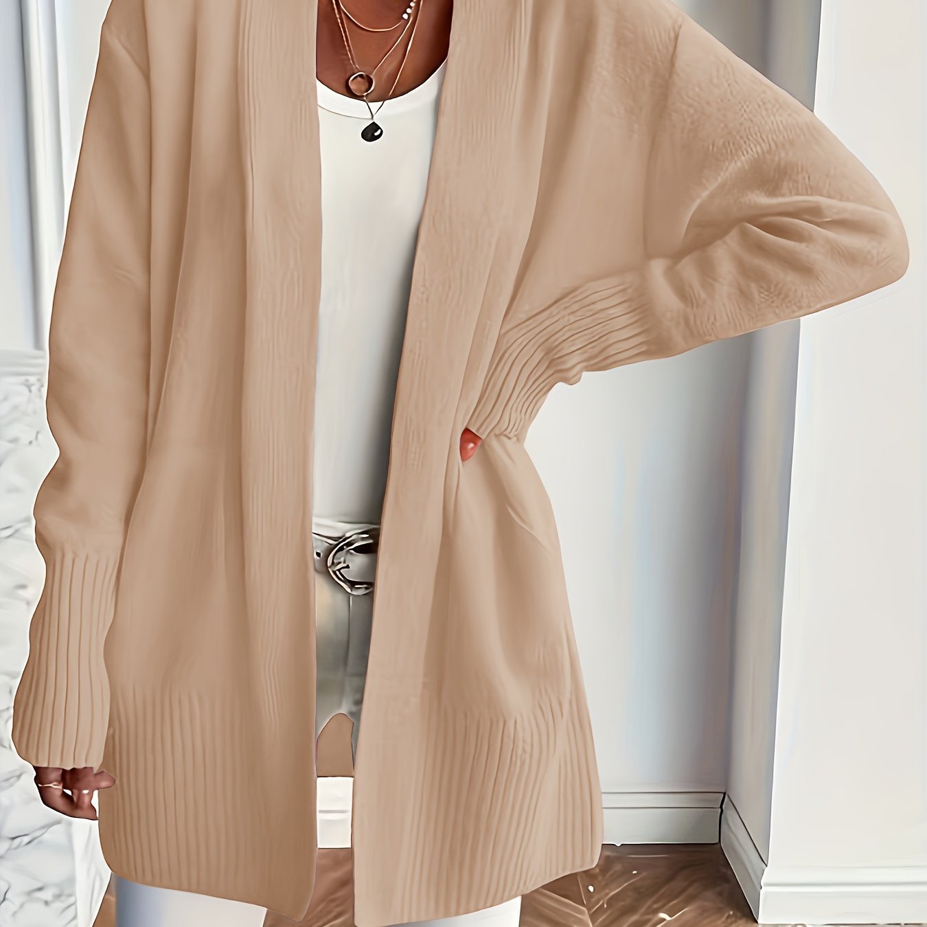 Plus Size Women's Knit Open-Front Cardigan with Pockets