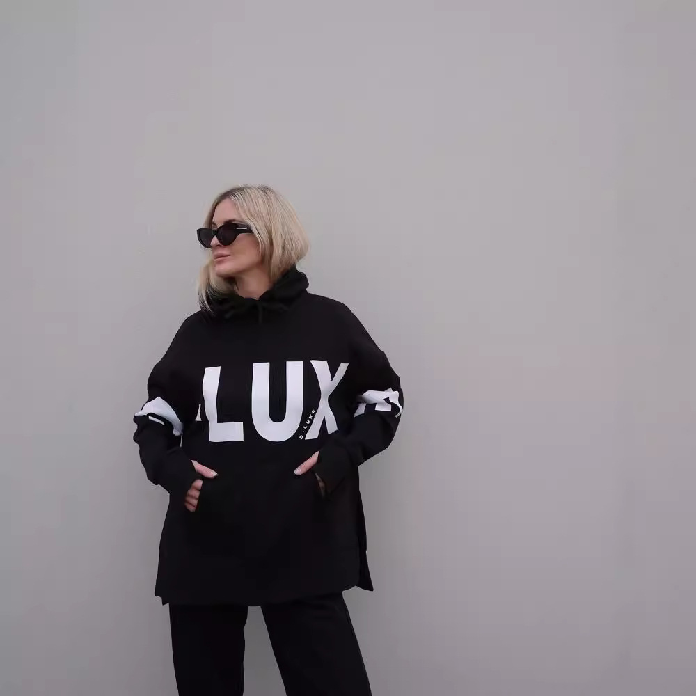 Letter Print Pullover Hooded Long Sleeve Sweatshirt for Women