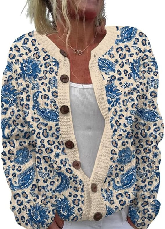Women's Heart Print Button Cardigan Sweater
