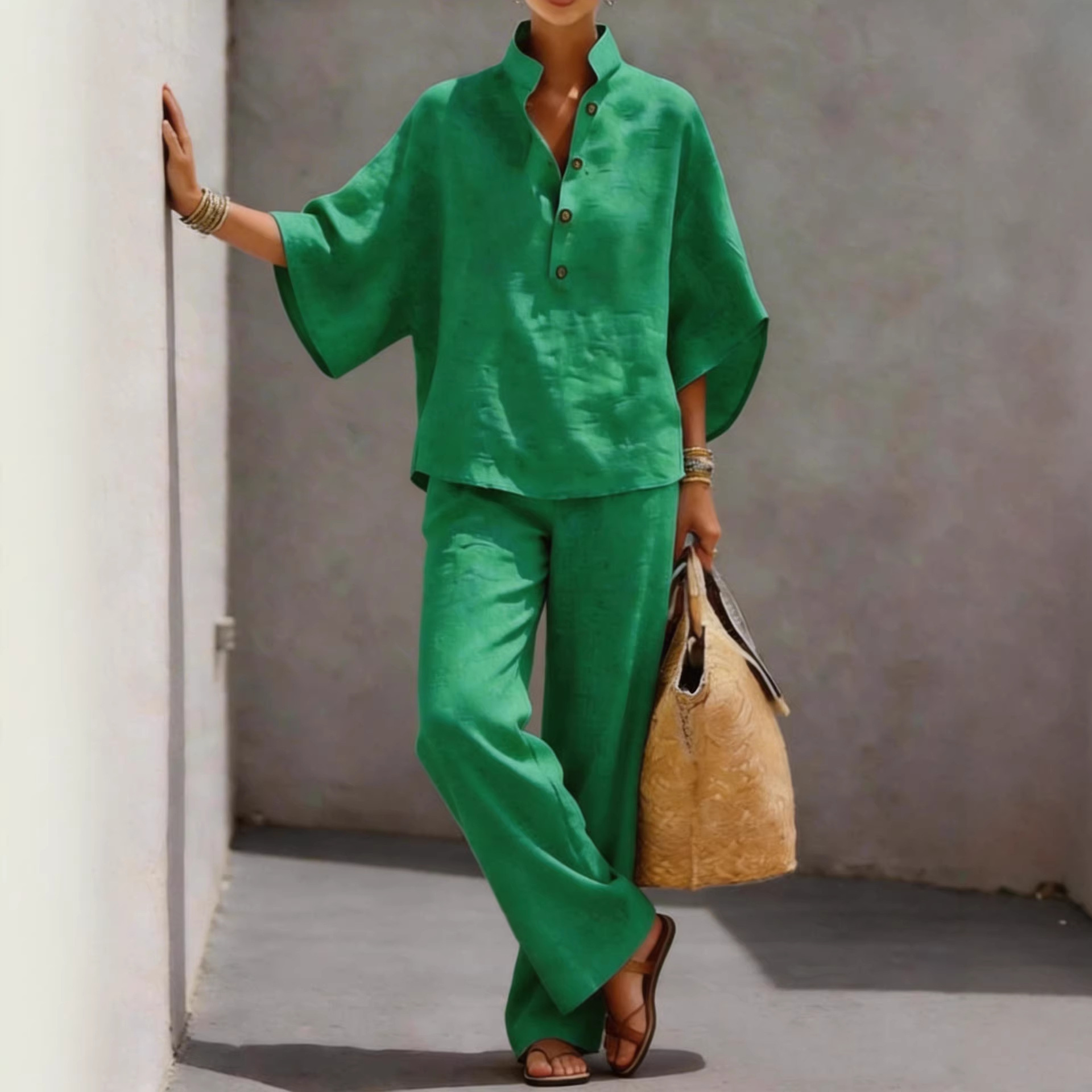 Women's Cotton-Linen Shirt and Pants Two-Piece Set