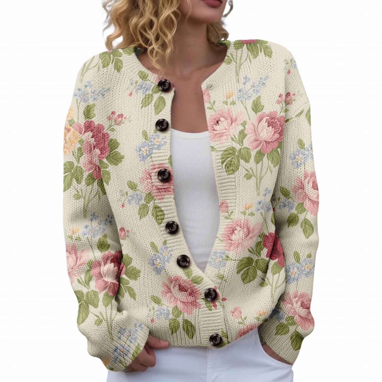 Women's Floral Maple Leaf Print Button Cardigan