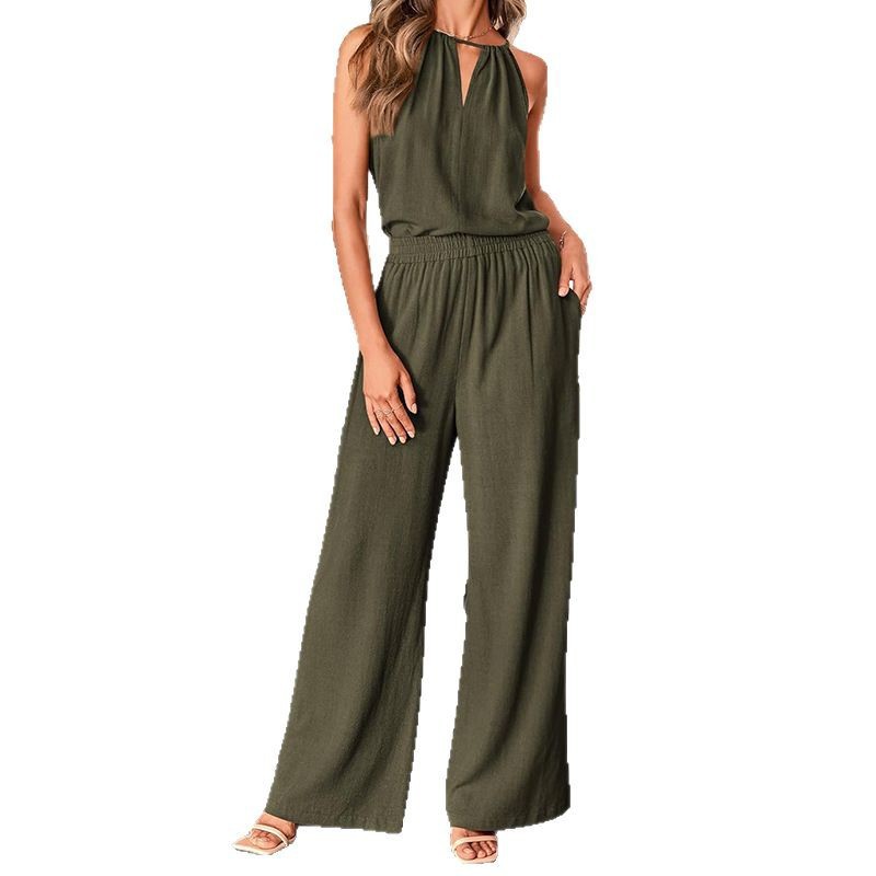 Women's Cutout Halter Top and Wide-Leg Pants Two-Piece Set