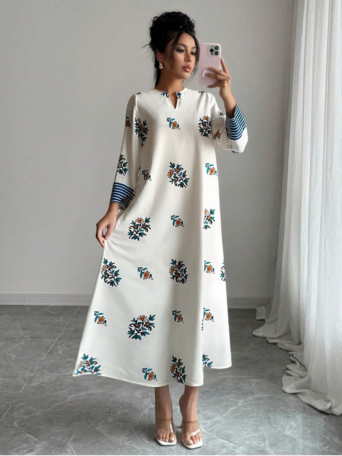 High-Saturation Colorblock Print Long Dress Loose Flattering A-Line V-Neck