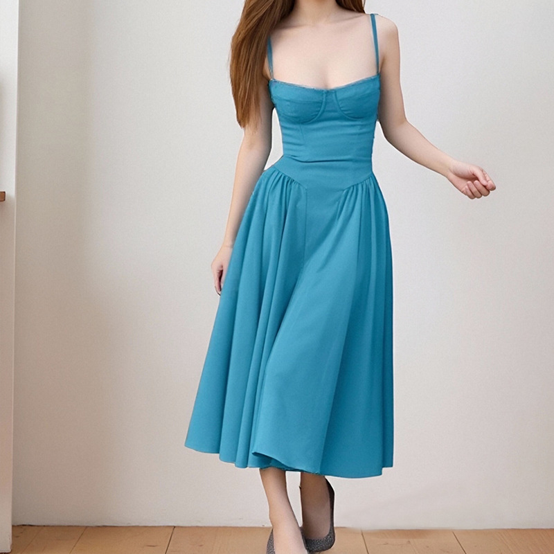 Women's Sleeveless Spaghetti Strap French Dress with Waist