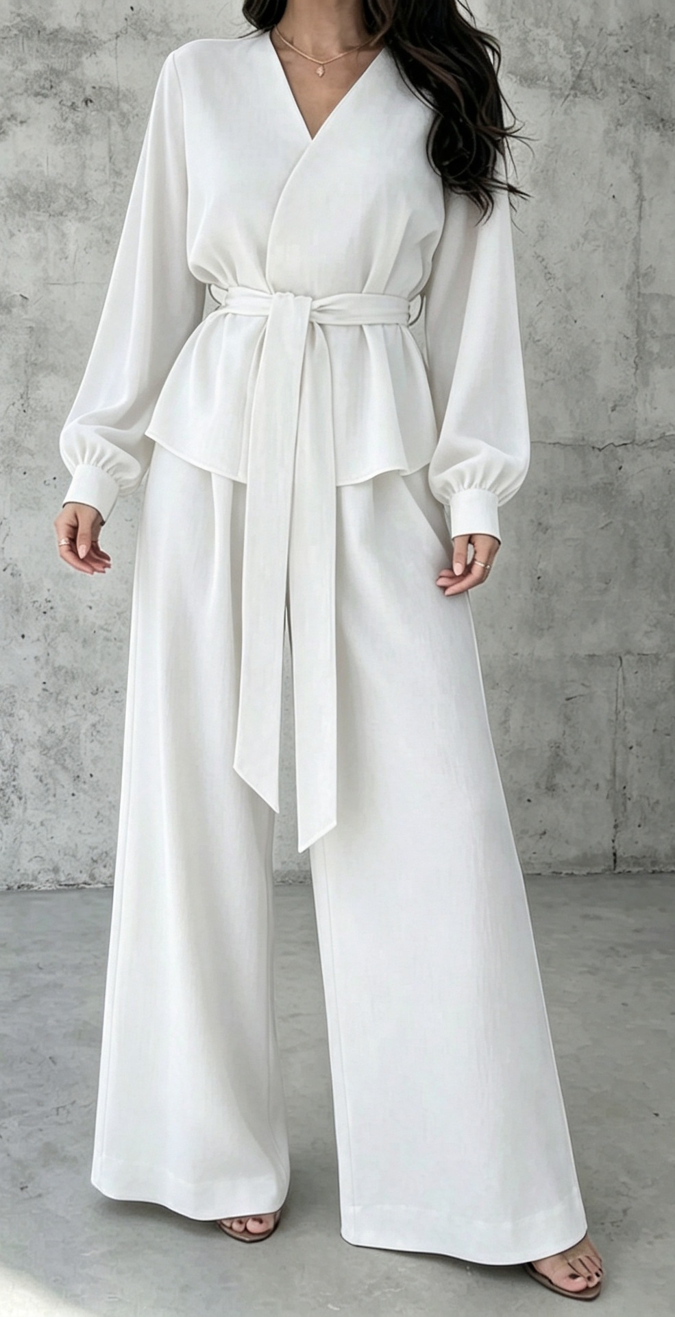 V-Neck Tie-Front Long-Sleeve Wide-Leg Two-Piece Set