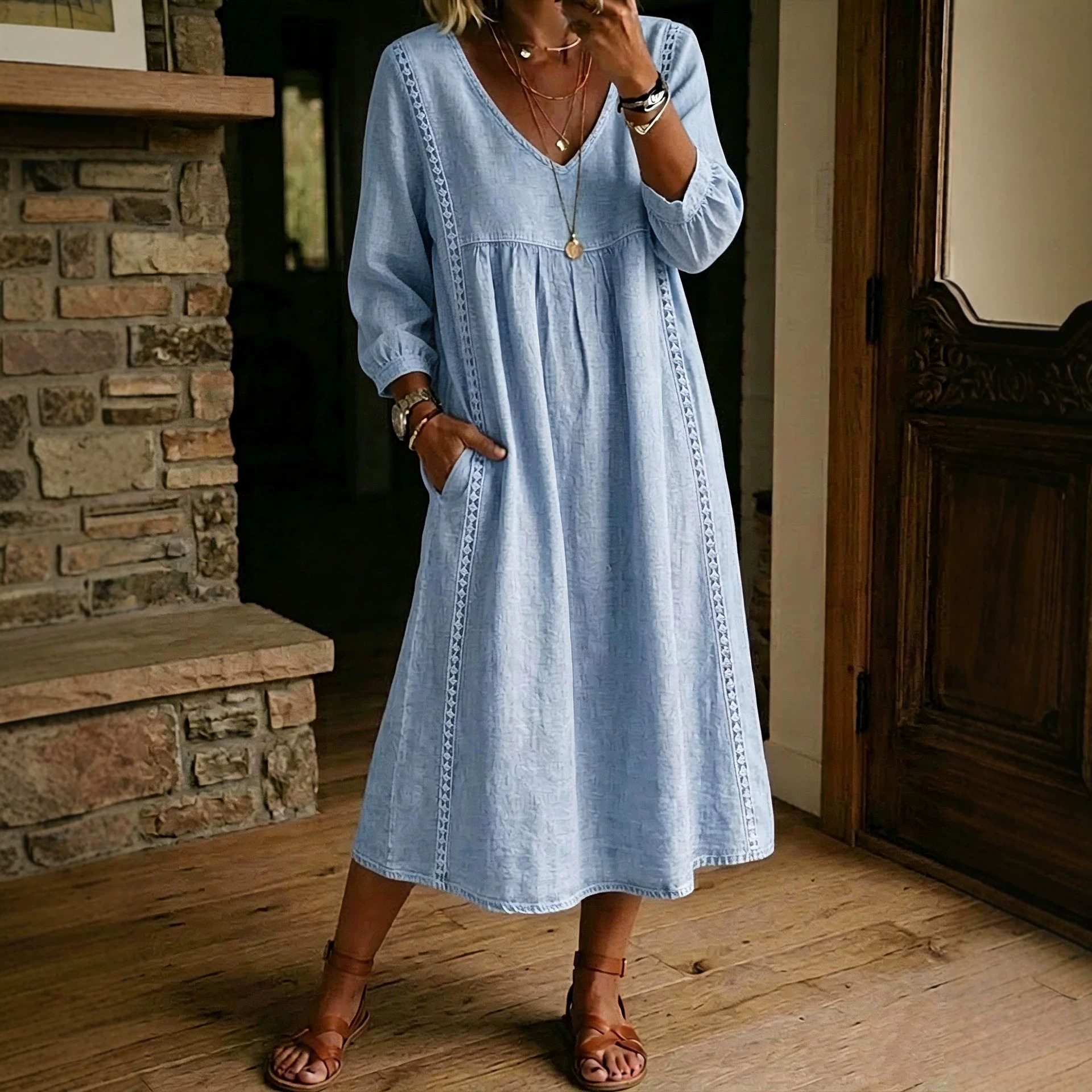 Solid V-Neck Lace-Trim A-Line Midi Dress
