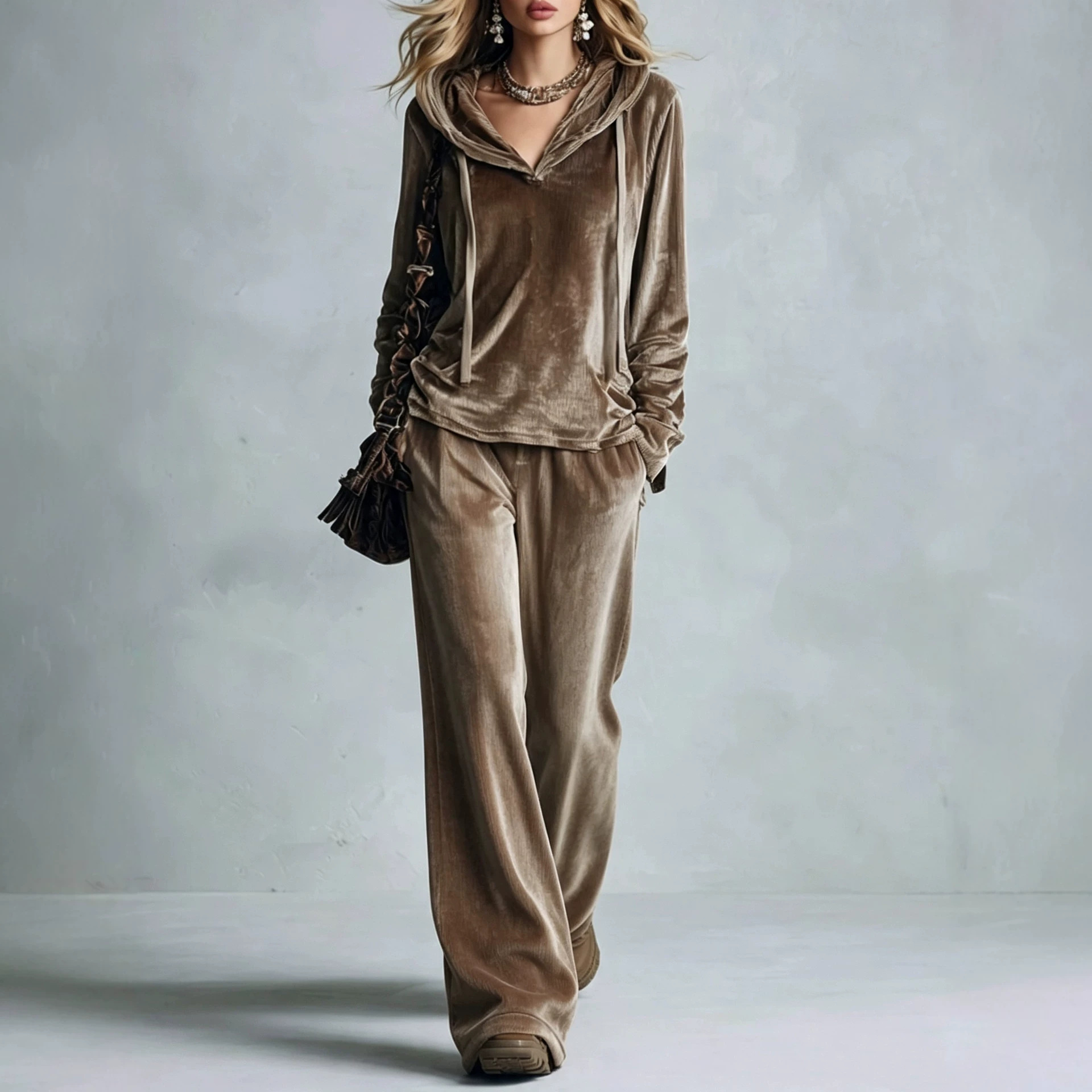Women's Solid Korean Velvet Hoodie & Wide-Leg Pants Set