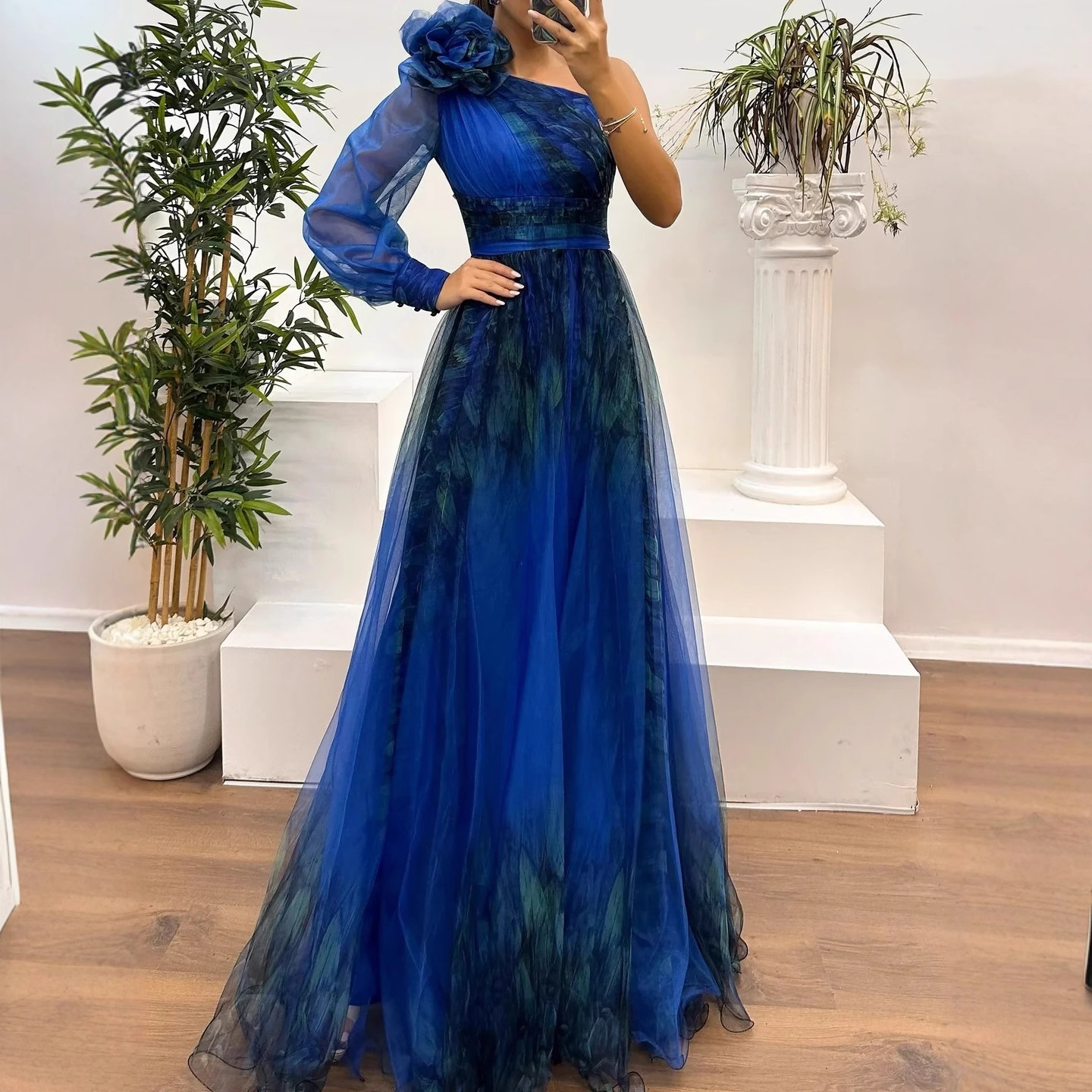 One-Shoulder Mesh Printed Maxi Dress