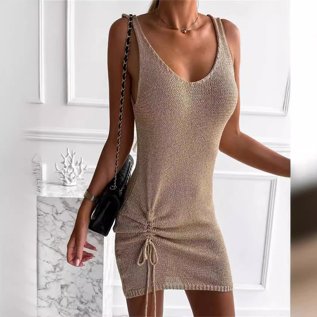 Women's Ribbed Knit Tie-Strap Elastic Waist Bodycon Cami Dress